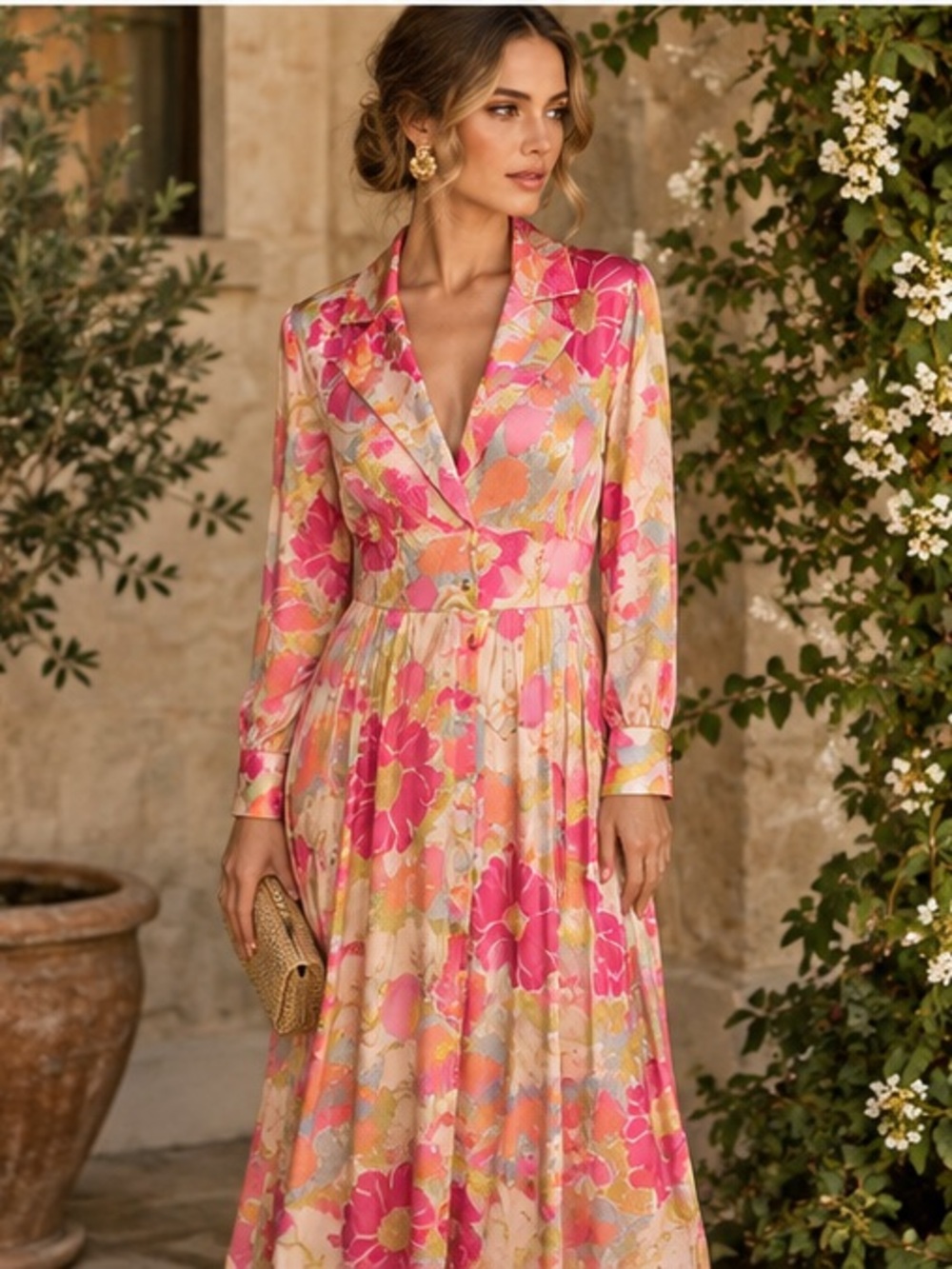 Vintage 70s Silky Floral Maxi Dress / Lounge Duster Robe - Pink Gold L